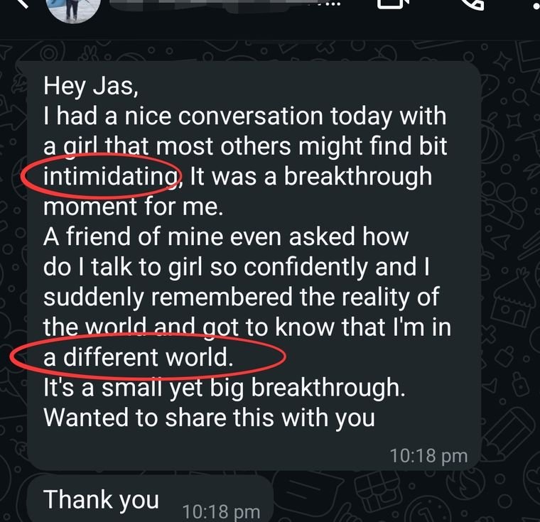 Student message: Now talks to anyone — even the intimidating ones